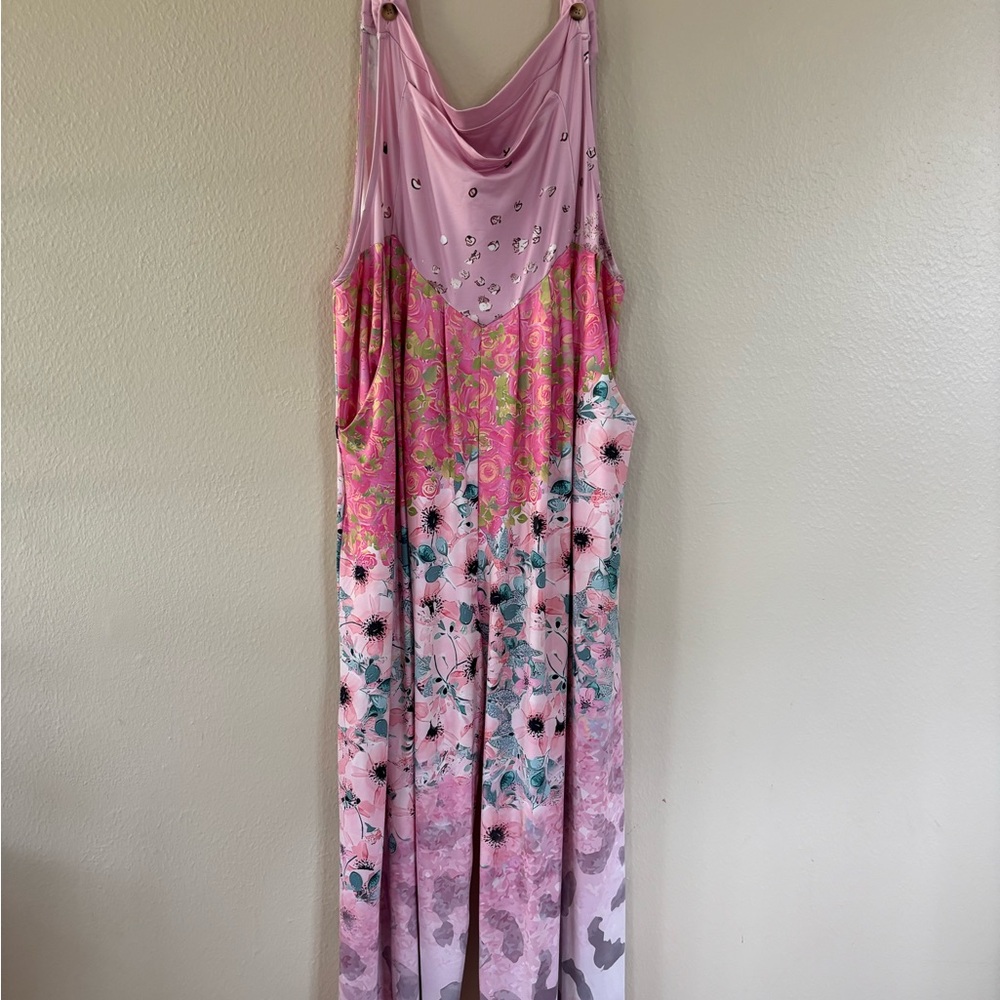 Plus Size Pink Floral Flowing Overalls 2X-4X